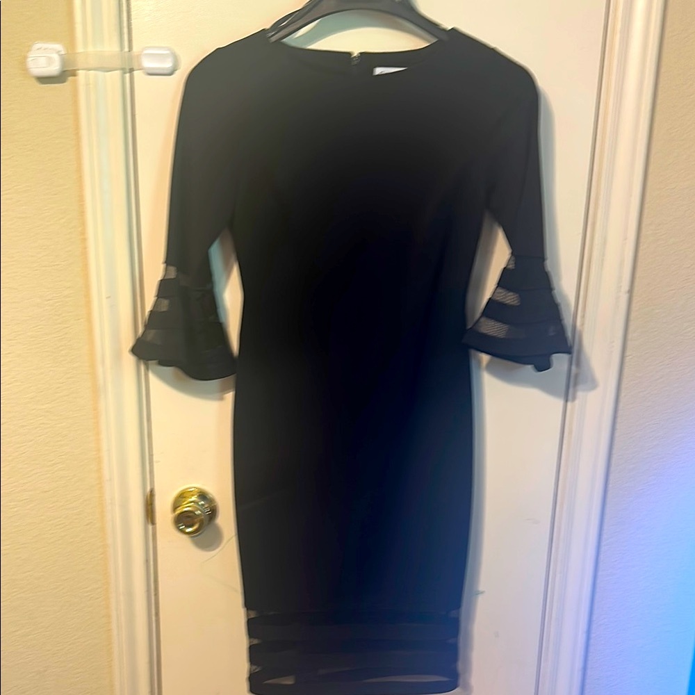 Calvin Klein Black Ruffled Sheath Dress with Bell Sleeves